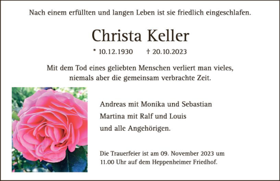 Traueranzeige von Christa Keller von Starkenburger Echo