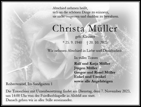 Traueranzeige von Christa Müller von Oberhessen Kurier