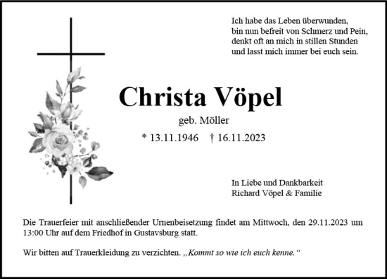 Traueranzeige von Christa Vöpel von Allgemeine Zeitung Mainz