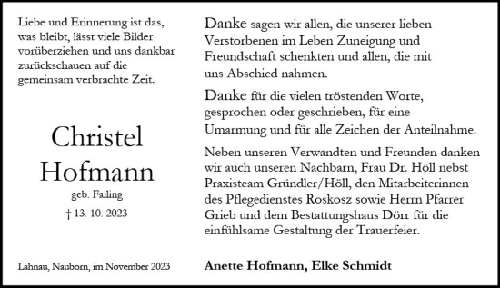 Traueranzeige von Christel Hofmann von Wetzlarer Neue Zeitung