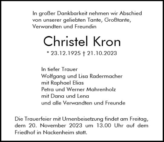 Traueranzeige von Christel Kron von Allgemeine Zeitung Mainz