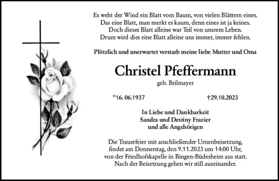 Traueranzeige von Christel Pfeffermann von Allgemeine Zeitung Bingen/Ingelheim