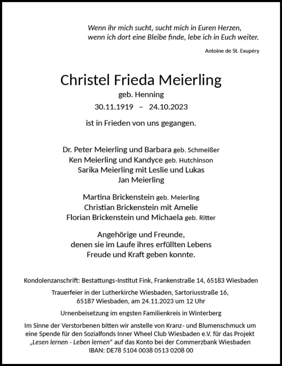 Traueranzeige von Christel Frieda Meierling von Wiesbadener Kurier
