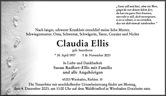 Traueranzeige von Claudia Ellis von Wiesbadener Kurier