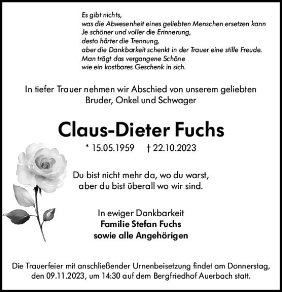 Traueranzeige von Claus-Dieter Fuchs von Darmstädter Echo