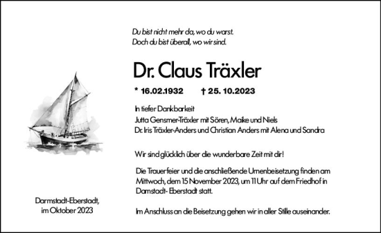 Traueranzeige von Claus Träxler von Darmstädter Echo