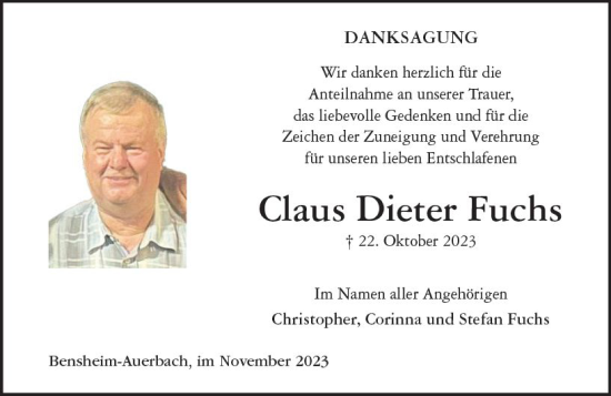 Traueranzeige von Claus Dieter Fuchs von Bergsträßer Anzeiger