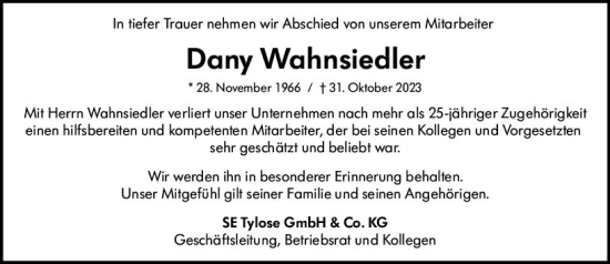 Traueranzeige von Dany Wahnsiedler von Wiesbadener Kurier