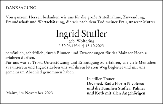 Traueranzeige von Ingrid Stufler von Allgemeine Zeitung Mainz