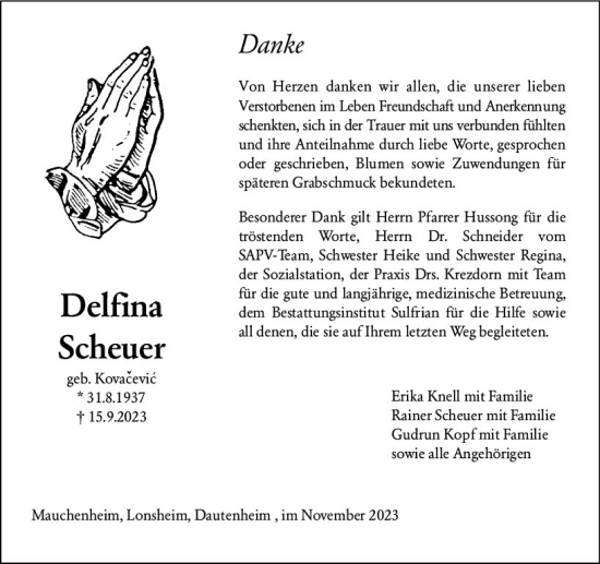 Traueranzeige von Delfina Scheuer von Allgemeine Zeitung Alzey