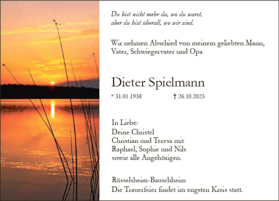 Traueranzeige von Dieter Spielmann von Rüsselsheimer Echo