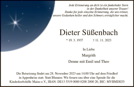 Traueranzeige von Dieter Süßenbach von Allgemeine Zeitung Bingen/Ingelheim