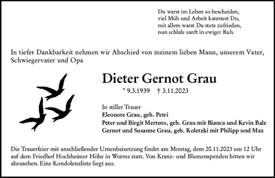 Traueranzeige von Dieter Gernot Grau von Wormser Zeitung