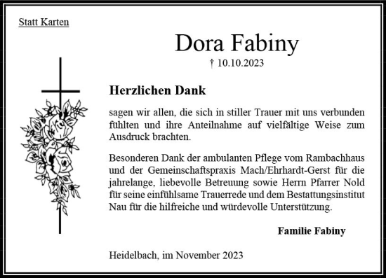Traueranzeige von Dora Fabiny von Oberhessen Kurier