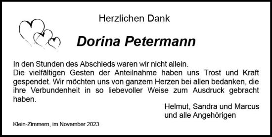 Traueranzeige von Dorina Petermann von Dieburger Anzeiger/Groß-Zimmerner Lokal-Anzeiger