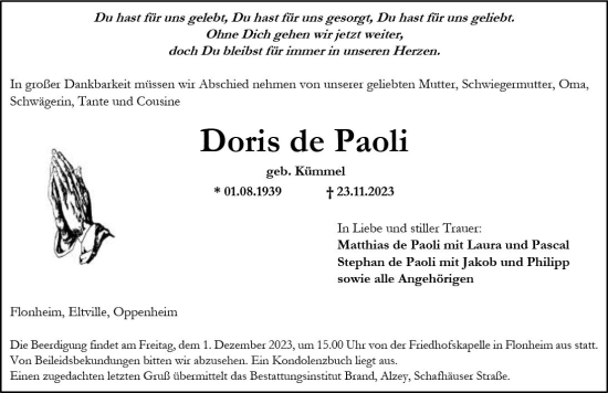 Traueranzeige von Doris de Paoli von Allgemeine Zeitung Alzey