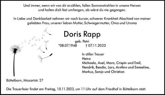 Traueranzeige von Doris Rapp von Groß-Gerauer Echo
