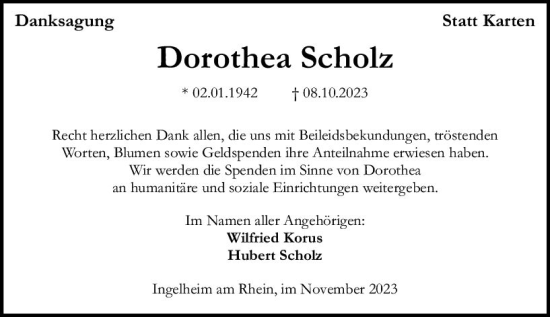 Traueranzeige von Dorothea Scholz von Allgemeine Zeitung Bingen/Ingelheim