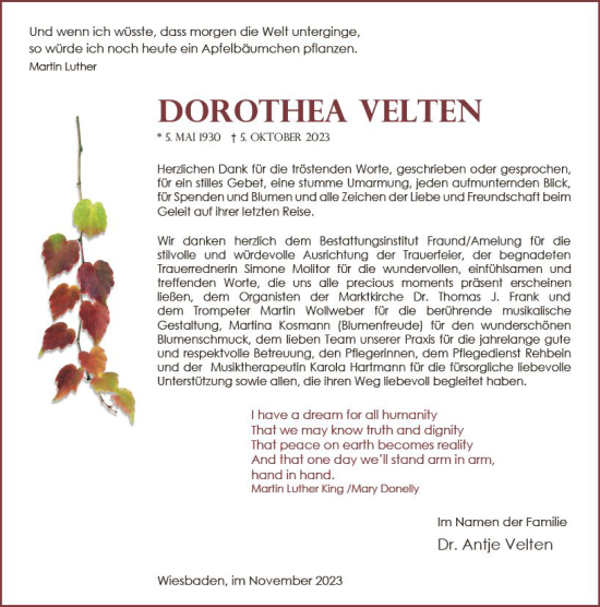 Traueranzeige von Dorothea Velten von Wiesbadener Kurier