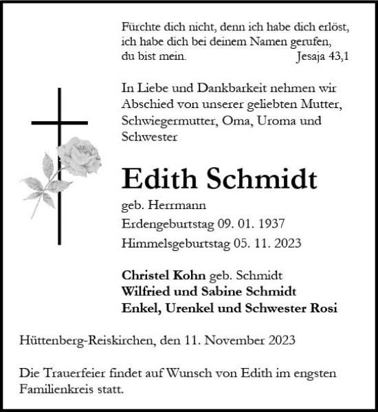 Traueranzeige von Edith Schmidt von Wetzlarer Neue Zeitung