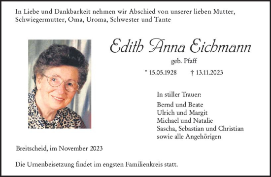 Traueranzeige von Edith Anna Eichmann von Dill Block