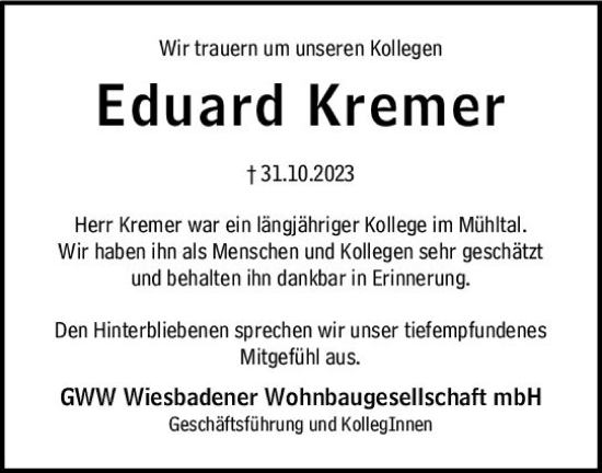 Traueranzeige von Eduard Kremer von Wiesbadener Kurier