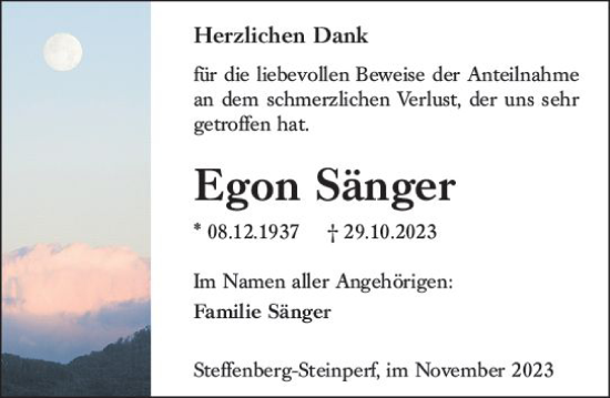 Traueranzeige von Egon Sänger von Hinterländer Anzeiger