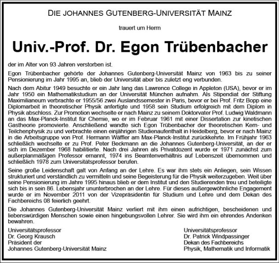 Traueranzeige von Egon Trübenbacher von Allgemeine Zeitung Mainz