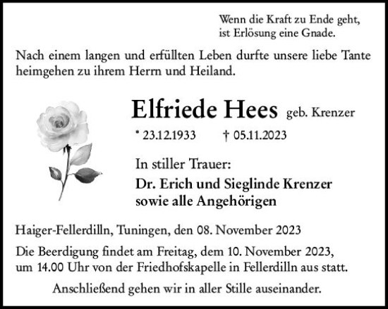 Traueranzeige von Elfreide Hees von Dill Block