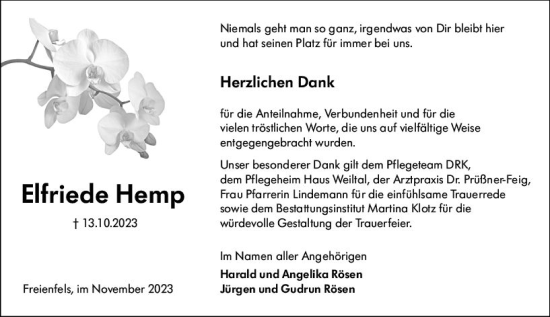Traueranzeige von Elfriede Hemp von Weilburger Tageblatt