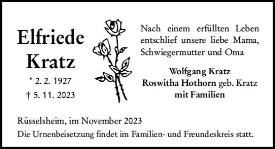 Traueranzeige von Elfriede Kratz von Rüsselsheimer Echo