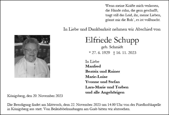 Traueranzeige von Elfriede Schupp von Wetzlarer Neue Zeitung