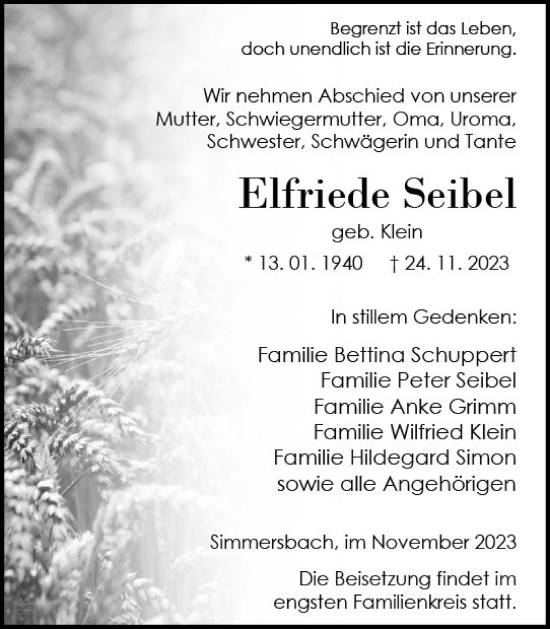 Traueranzeige von Elfriede Seibel von Dill Block