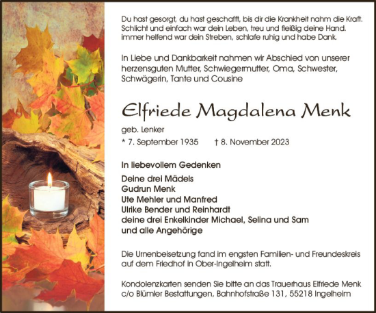 Traueranzeige von Elfriede Magdalena Menk von Allgemeine Zeitung Bingen/Ingelheim