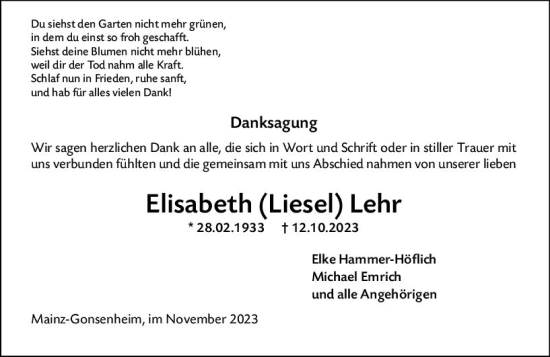 Traueranzeige von Elisabeth  Lehr von Allgemeine Zeitung Mainz