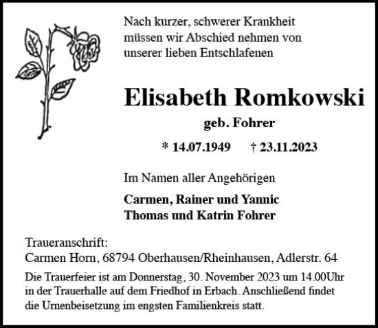 Traueranzeige von Elisabeth Romkowski von Rheingau Kurier