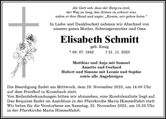 Traueranzeige von Elisabeth Schmitt von Starkenburger Echo
