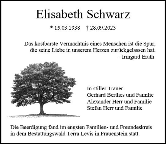 Traueranzeige von Elisabeth Schwarz von Allgemeine Zeitung Mainz