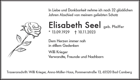 Traueranzeige von Elisabeth Seel von Idsteiner Land/Untertaunus