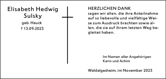 Traueranzeige von Elisabeth Hedwig Sulsky von Allgemeine Zeitung Bingen/Ingelheim