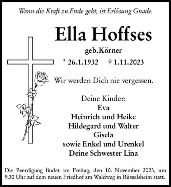 Traueranzeige von Ella Hoffses von Rüsselsheimer Echo