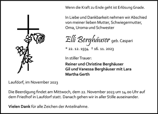 Traueranzeige von Elli Berghäuser von Wetzlarer Neue Zeitung