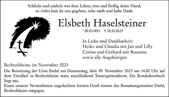 Traueranzeige von Elsbeth Haselsteinen von Allgemeine Zeitung Alzey