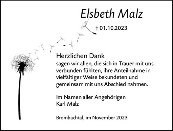Traueranzeige von Elsbeth Malz von Odenwälder Echo