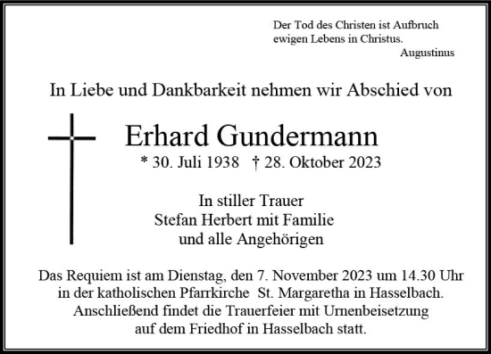 Traueranzeige von Erhard Gundermann von Camberger Anzeiger