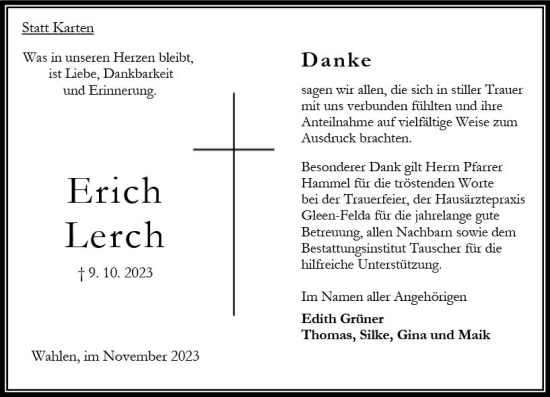 Traueranzeige von Erich Lerch von Oberhessen Kurier