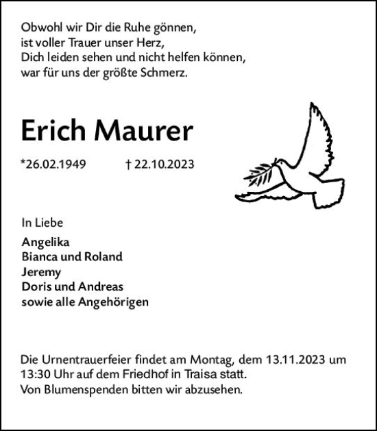 Traueranzeige von Erich Maurer von Darmstädter Echo