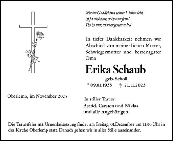 Traueranzeige von Erika Schaub von Wetzlarer Neue Zeitung