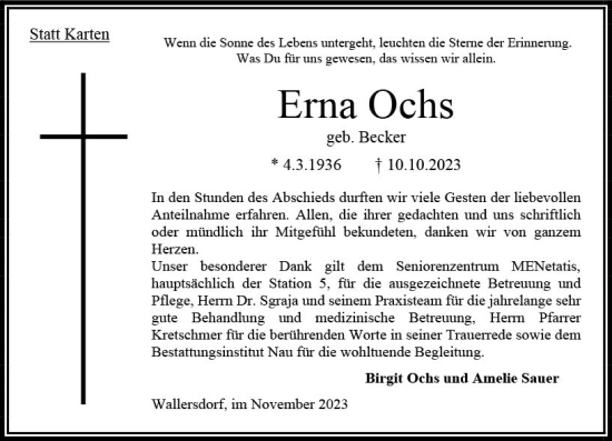 Traueranzeige von Erna Ochs von Oberhessen Kurier