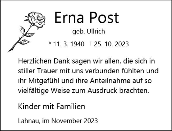 Traueranzeige von Erna Post von Wetzlarer Neue Zeitung